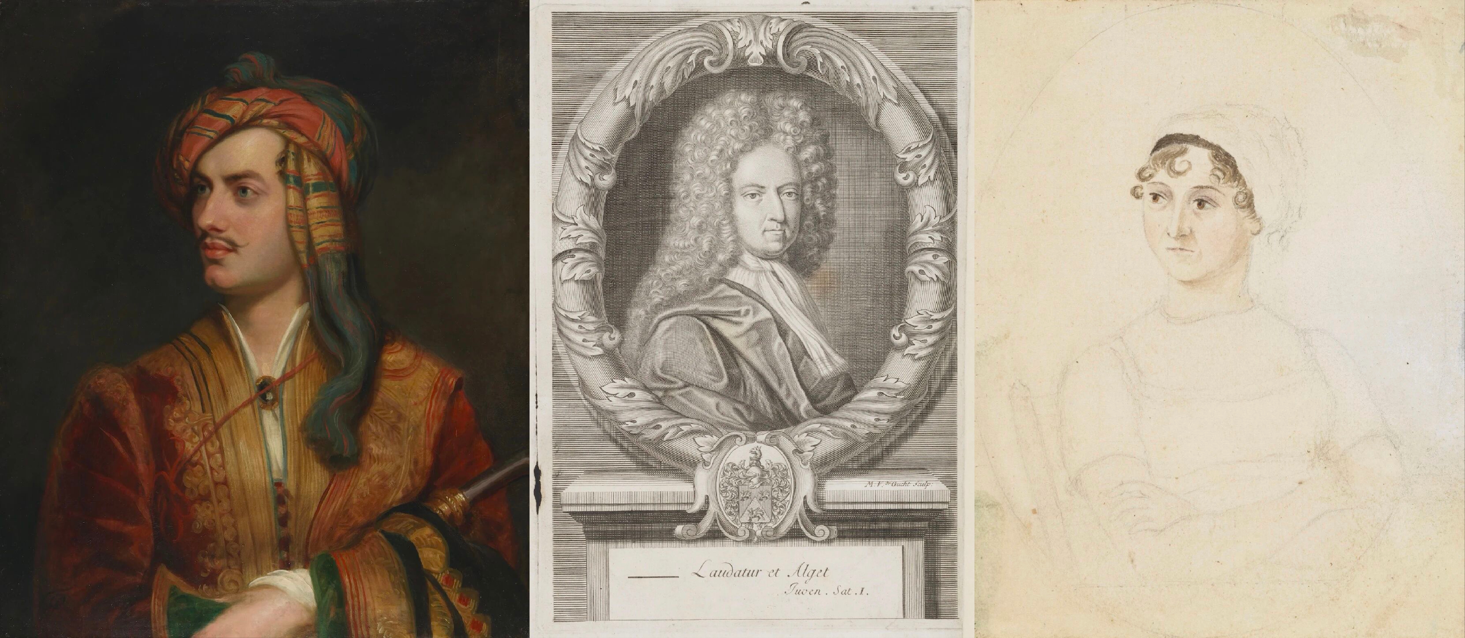 Portraits of George Byron, Daniel Defoe, and Jane Austen, from left to right..jpg