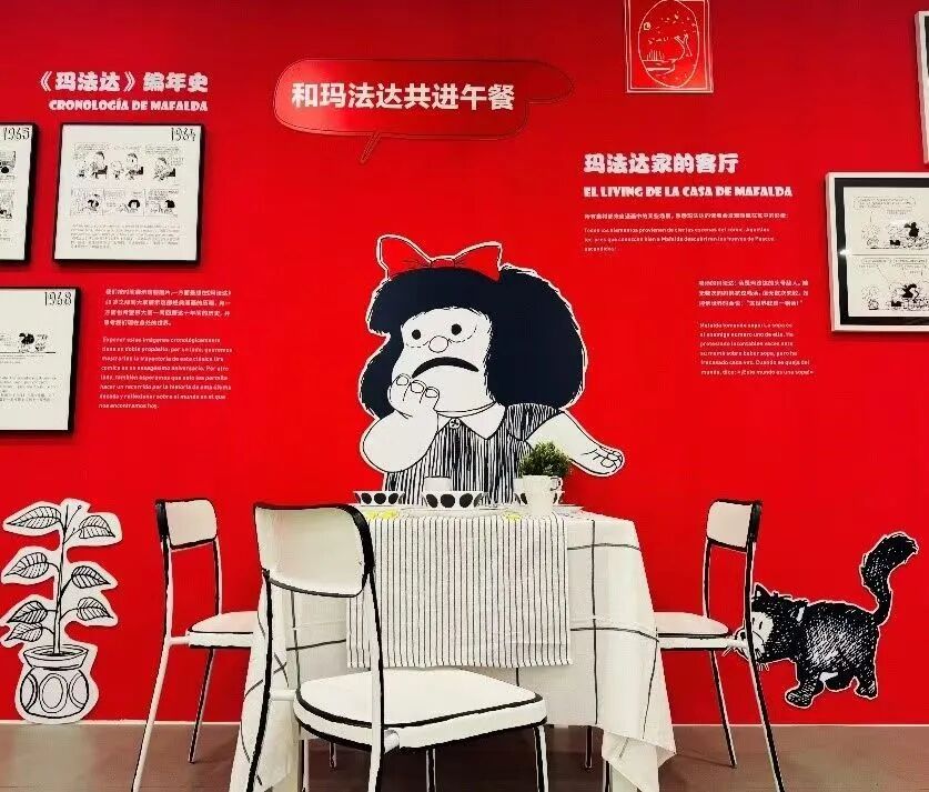 The exhibition features a dining scene with Mafalda.jpg