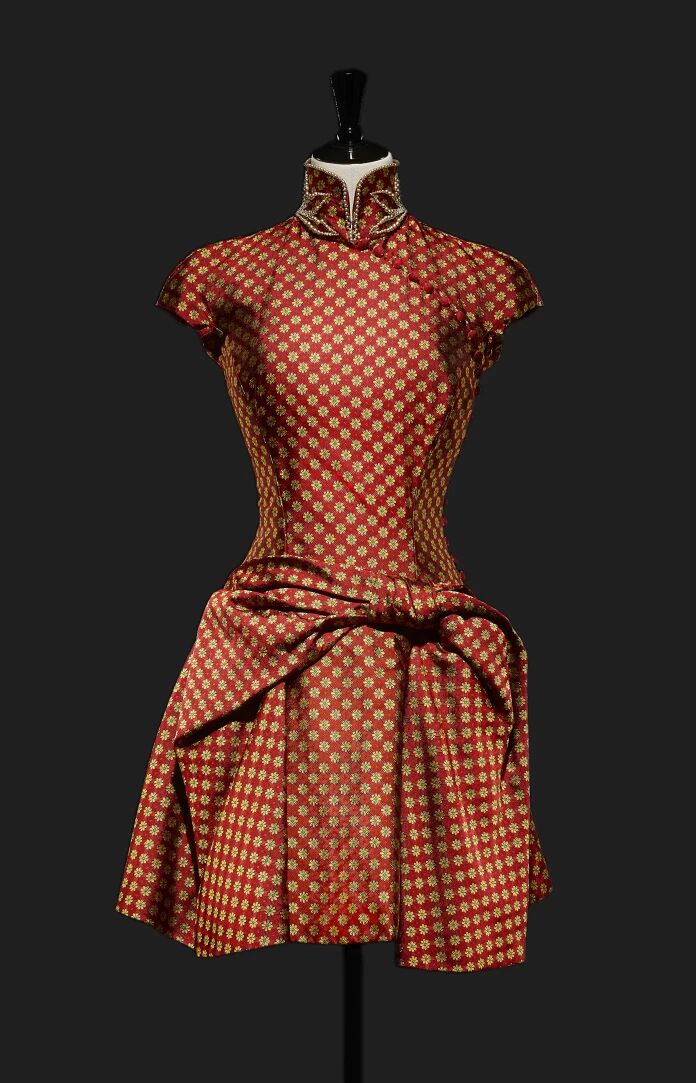 Christian Dior bead-embroidered red jacquard satin dress Dioriku with Mandarin collar and yellow chrysanthemum motif..jpg