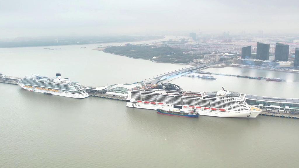 The Adora Magic City and MSC Bellissima berth at Shanghai Wusongkou International Cruise Terminal on March 10. .jpg