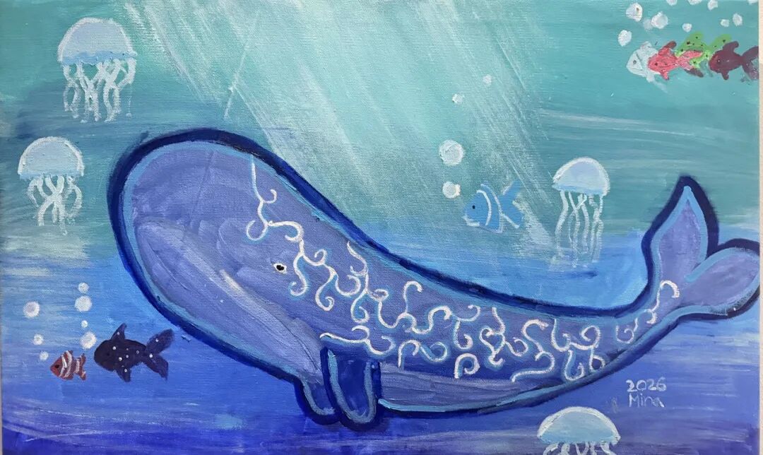 A painting by a young German artist depicting a blue whale gliding joyfully through the deep sea.jpg
