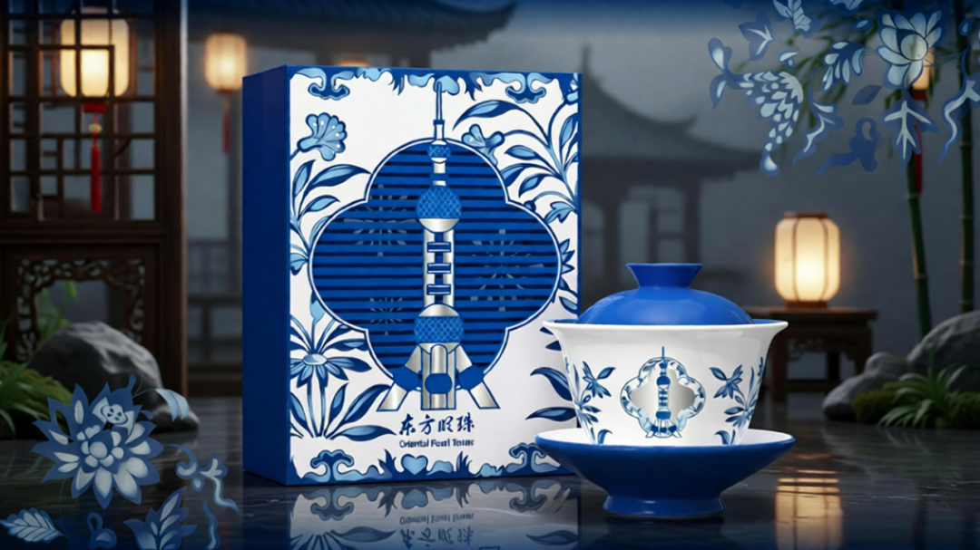 Blue and white porcelain lidded bowl with Oriental Pearl Tower motif.png