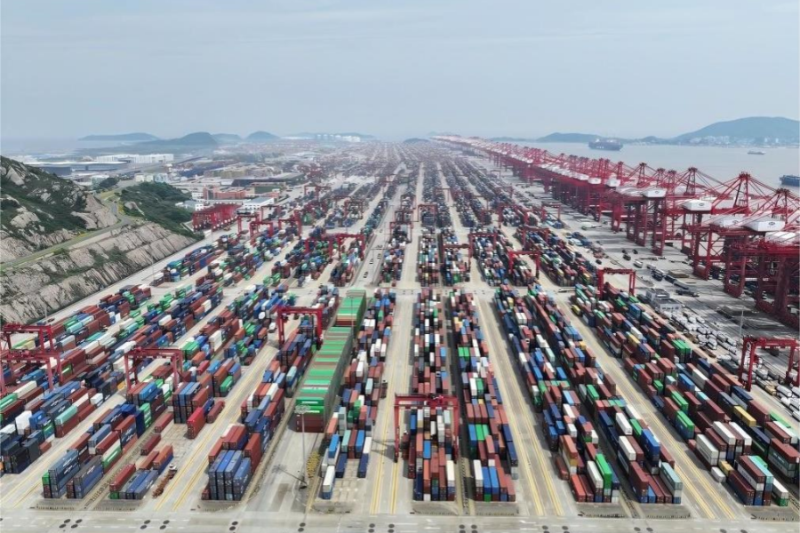 Containers are stacked in dense rows at Shanghai Port. .png