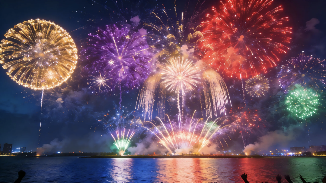 Fireworks light up the night sky during a drone and fireworks show over Dishui Lake.png